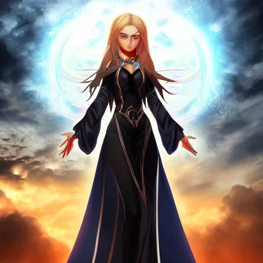 Image similar to beautiful female wizard, detailed face, blue eyes, black clothing, daughter of death, featured on artstation, 8k highly detailed, anime style, concept art