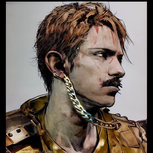 Prompt: portrait of a futuristic cowboy holding his sword in front of his face by yoji shinkawa, high quality, extra details, realism, ornate, colored, golden chain, blood, white skin, short hair, brown eyes, vivid, sunlight, dynamic, american man, freedom, white american soldier, painting