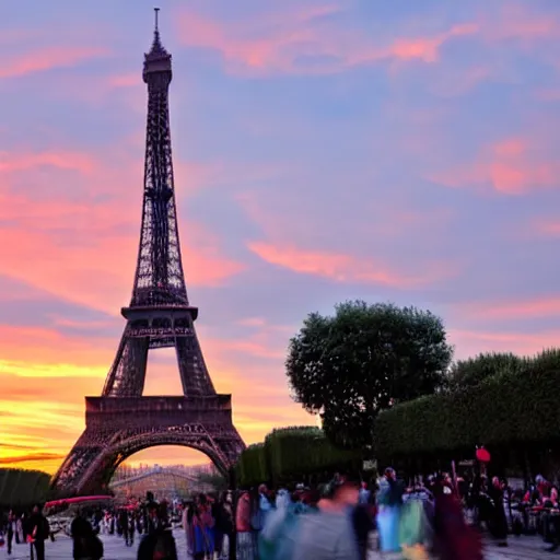 Image similar to Eiffel tower at sunset with Chinese tourists everywhere, Chinese flags