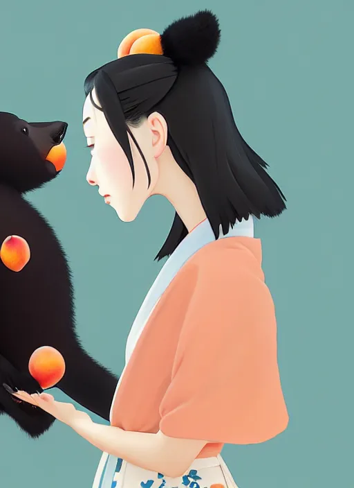 Image similar to painting of a girl wearing a kimono giving a peach to an anthropomorphic asian black bear, featured in artstation, octane render, cinematic, elegant, intricate, 8 k, close up, in the style of studio ghibli and heikala,