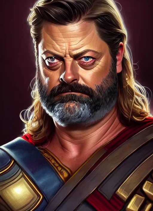 Image similar to portrait of nick offerman as thor, eyepatch, muscular, fantasy, intricate, elegant, highly detailed, digital painting, artstation, concept art, smooth, sharp focus, illustration, art by artgerm and greg rutkowski and alphonse mucha