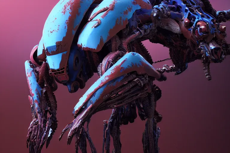 Image similar to portrait of a posed hyper detailed brown ultramarine burrower evangelion realistic mechanical and fleshy organic creature similar look as horizon forbidden west horizon zero dawn bioluminiscence in a dark deep forest at dawn in spring, with reflection and textures, by kilian eng, substance painter reaslitic mech surface metal painted scratches