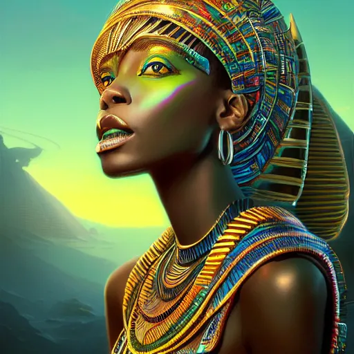 Image similar to highly detailed portrait of an african neon egyptian goddess, intricate alien technology, stephen bliss, unreal engine, fantasy art by greg rutkowski, loish, rhads, ferdinand knab, makoto shinkai and lois van baarle, ilya kuvshinov, rossdraws, tom bagshaw, global illumination, radiant light, detailed and intricate environment