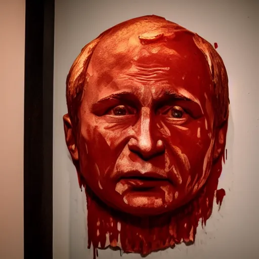 Prompt: carved sculpture of putin, stained with blood, photo as shot by steve mccurry