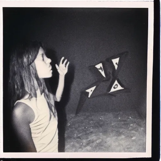 Image similar to A teenager summoning a demon, 1980s Polaroid photo-journalism flash photography