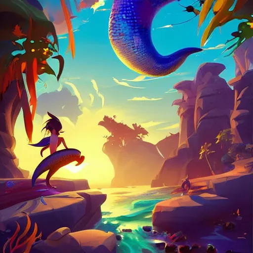 Image similar to painting mermaid treasure on sea of thieves game avatar hero smooth face median photoshop filter cutout vector, behance hd by jesper ejsing, by rhads, makoto shinkai and lois van baarle, ilya kuvshinov, rossdraws global illumination