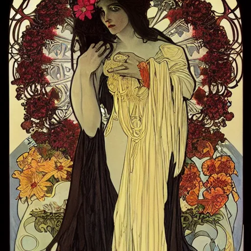 Image similar to persephone as goddess of death and flowers, evil, painted by alphonse mucha