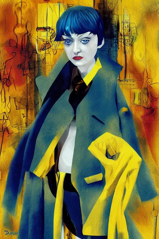 Image similar to Dakota Fanning with short blue hair wearing a yellow trenchcoat by Dave McKean