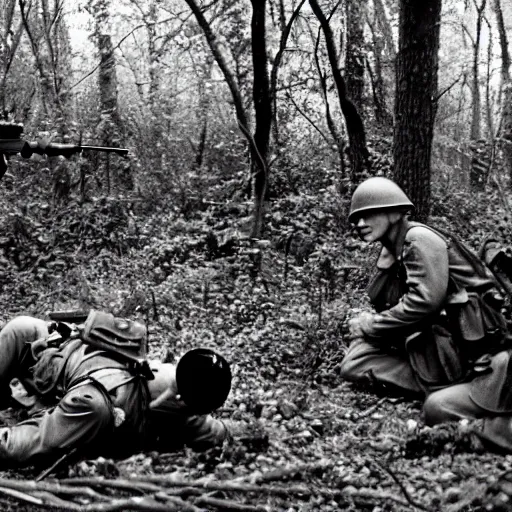 Image similar to ww 2 battlefield encounter in the woods between 2 american soldiers and a german soldier fighting for their lives