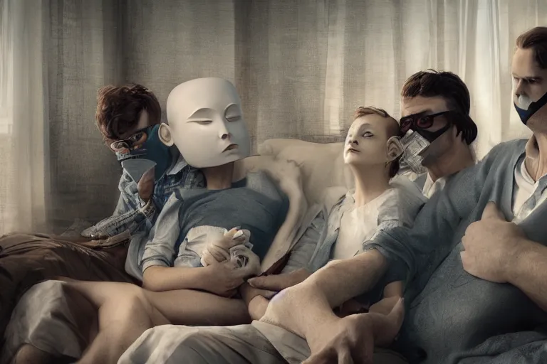 Image similar to family with actor's ceramic masks watching tv, style of paolo roversi, 8 k, sharp focus, soft light, volumetric lighting, highly detailed realistic, refined, artstation