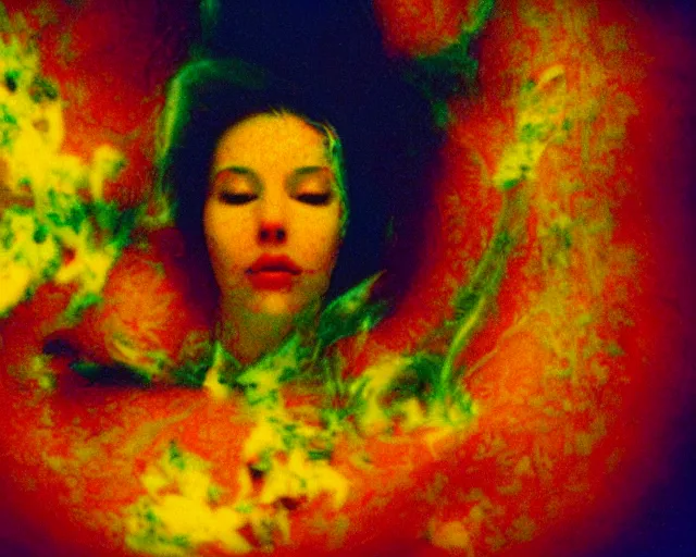 Image similar to oversaturated, burned, light leak, expired film, photo of a woman's serene face submerged in a flowery milkbath, rippling liquid, vintage glow, vhs tape fuzz