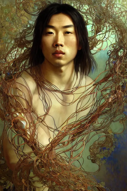 Image similar to hyperrealist portrait of an attractive angelic asian man, it is decorated with long wires that fall like vines and wears small computers over their body. by jeremy mann and alphonse mucha, fantasy art, photo realistic, dynamic lighting, artstation, poster, volumetric lighting, very detailed faces, 4 k, award winning