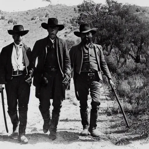 Image similar to a platinotype photo of three men from the old west going to an old burial ground to exhume it from a terrorizing creature which is terrorizing a tribe