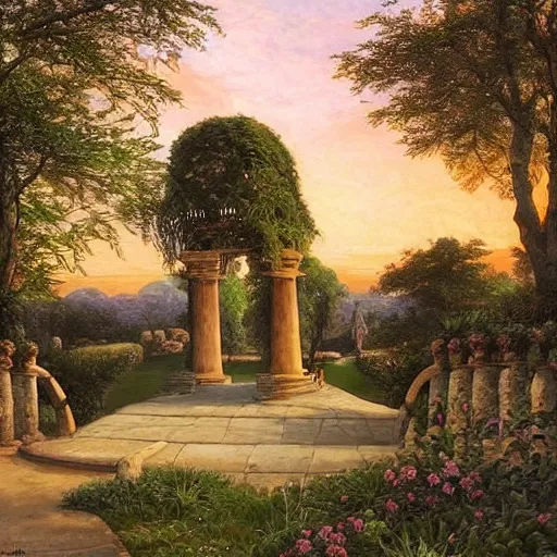 Prompt: a painting of a sunset in a park, an art deco matte painting by Edwin Deakin, pinterest, stone paths with a stone wall, pavilion, columns, vines, german romanticism, detailed painting, pre-raphaelite