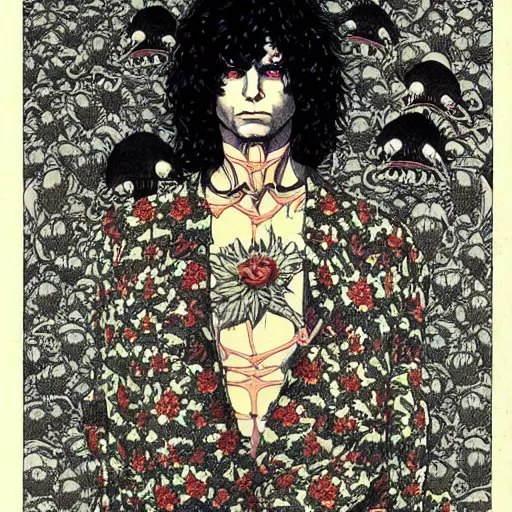 Image similar to symmetrical jim morrison as a vampire lizard king, very detailed style of takato yamamoto lots of flowers