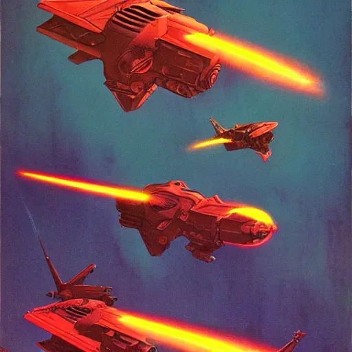 Image similar to starship laser battle, nebula, retro, 1960's sci fi, concept art, style of gerald brom and jean giraud,