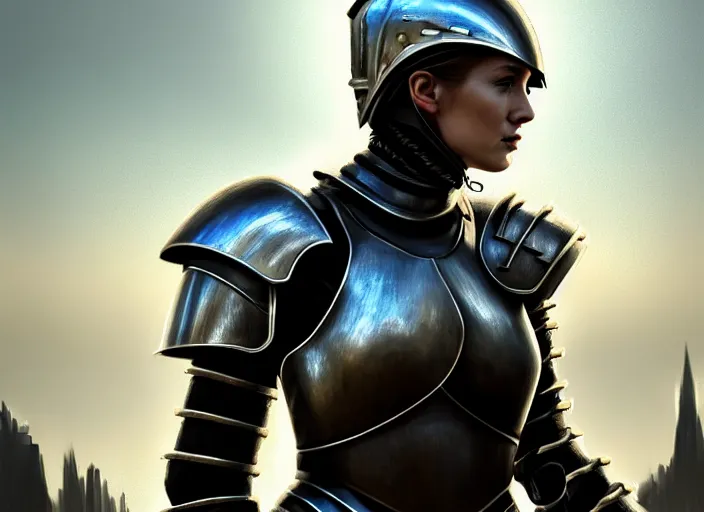 Prompt: landscape of a future city, a young english woman between the ages of 2 0 - 2 5 years, wearing armor and pointing a dagger, wearing a face full of anger. cinematic capture, fine art, modern realism, sharp focus, good lighting, trending on artstation, trending on tiktok, smooth drawing, elegant, authoritative, without anomalies.