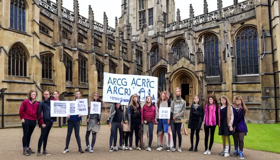 Image similar to A group of students stands in front of the Kings College chapel in Cambridge, holding a sign that says ARCSOC 2022–23