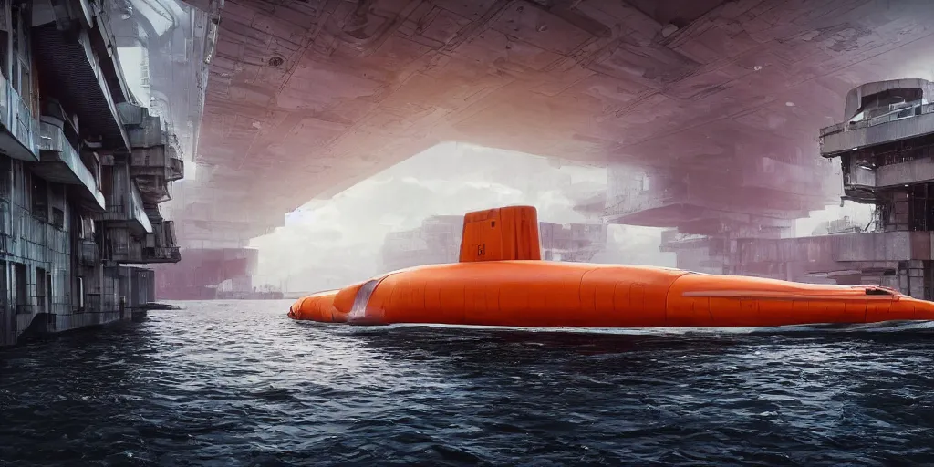 Prompt: highly detailed futuristic submarine warship with red and orange glow, on the background brutalist architecture by Le Corbusier, abandoned buildings, empty streetscapes, surrounded by lush green vegetation, ground-level view, puddles of water, stunning volumetric lighting, sunset, trending on Artstation, 8k, photorealistic, hyper detailed, unreal engine 5, cinematic, epic lighting, cryengine, octane render, cyberpunk, dark, gloomy