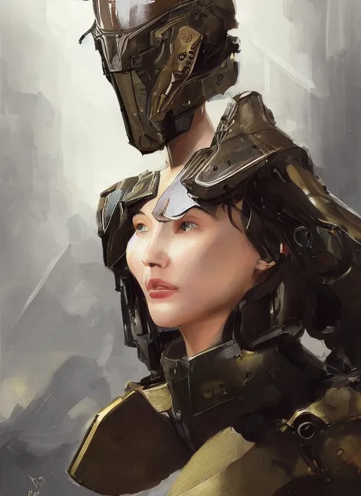 Image similar to a professional painting of a beautiful young female, clothed in military armor, olive skin, long dark hair, beautiful bone structure, symmetrical facial features, intricate, elegant, digital painting, concept art, smooth, sharp focus, illustration, from Metal Gear, by Ruan Jia and Mandy Jurgens and Artgerm and William-Adolphe Bouguerea