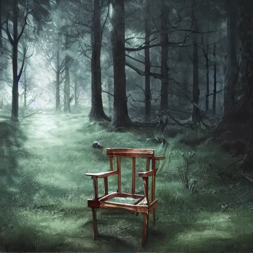 Prompt: chair in the forest wenjun lin hyper realistic