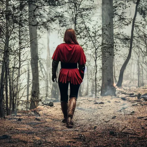 Image similar to a mam wearing medieval knights armor walking in a forest fire, photography, movie still, dslr 5 5 mm, 4 k