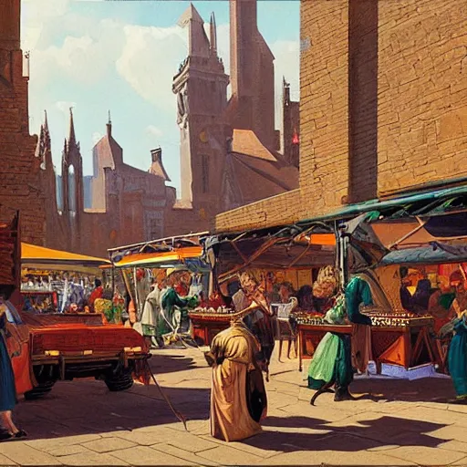 Prompt: detailed painting of a medieval market with roman architecture and flying cars, artstation, syd mead, cinematic