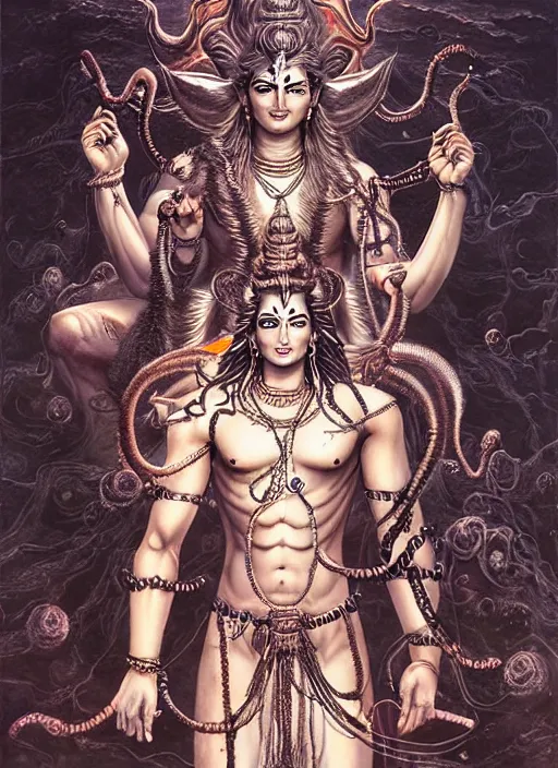 Image similar to god shiva the destroyer, 4 arms!!! an ultrafine detailed painting by ayami kojima, cgsociety, fantasy, anime digital art, lovecraftian, cosmic horror, detailed painting