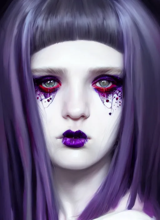 Image similar to portrait of white teenage girl, normal face, white bangs, mall goth, cyberlox, black and white hair, bangs, fluffy bangs, red contact lenses, purple lipstick, intricate, elegant, highly detailed, digital painting, artstation, concept art, sharp focus, smooth, illustration, art by wlop, mars ravelo and greg rutkowski