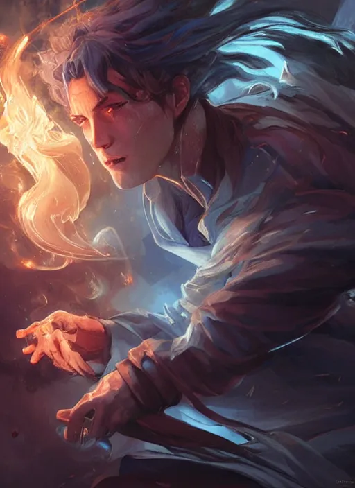 Prompt: beautiful male sorcerer with smoke and thunder magic, attarctive man, anime key visual, highly detailed, sharp focus, concept art, league of legends style, art by shumolly and monable and artgerm and greg rutkowski and jo chen and pilyeon and ruan jia