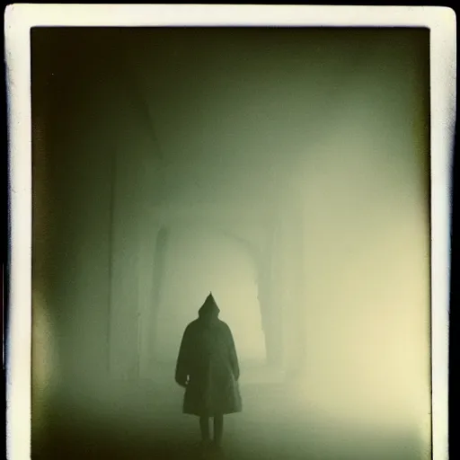 Image similar to the fog is thick shelter for ghosts, polaroid photography in style of andrey tarkovski, eerie, mystical, sublime