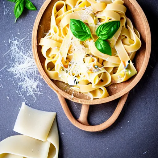 Prompt: a creamy fettuccine pasta in a parmesan cheese wheel, food photography