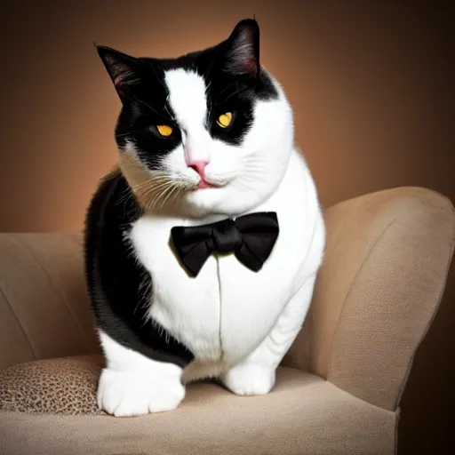 Image similar to photograph of a very fat and judgmental cat wearing a full tuxedo sitting in a dimly lit parlor lounge