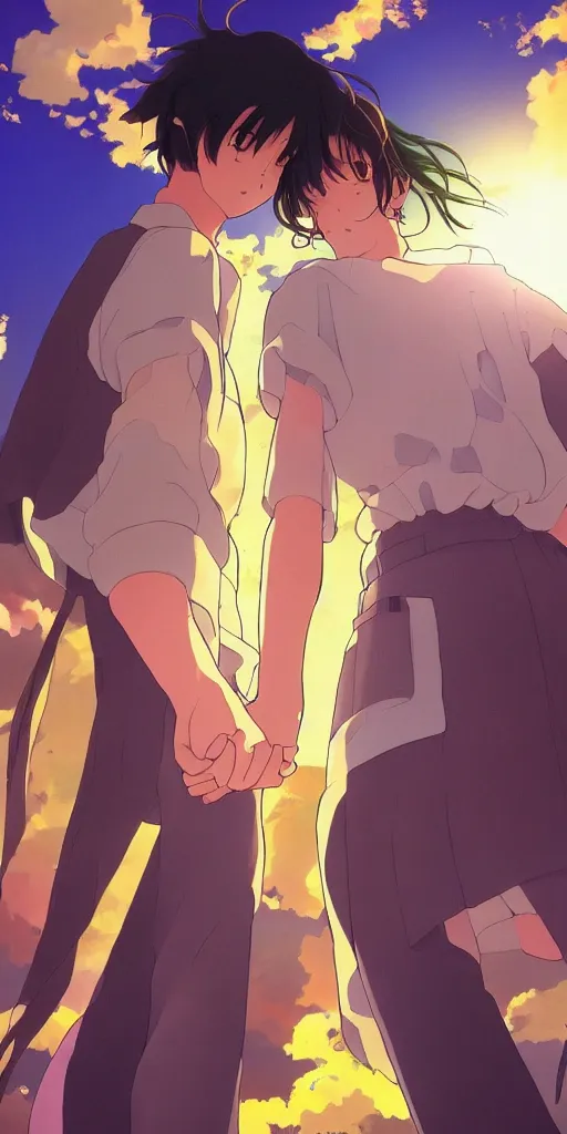 Image similar to a man and a woman holding hands under a beautiful sun drawn like the anime Your Name anime, intricate, psychedelic,