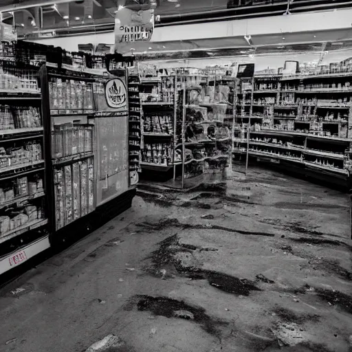 Image similar to a ransacked grocery store, broken signs, filthy flooring. Vines growing. Award-winning photo. OM system 12–40mm PRO II 40mm, 1/100 sec, f/2 8, ISO 800