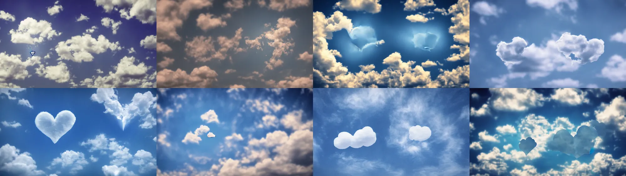 Prompt: soft cloud heart on blue clear sky, detailed, turbulence, feather edge, center, hyper realistic, view up, ultra realism, cinematic, film, soft filter