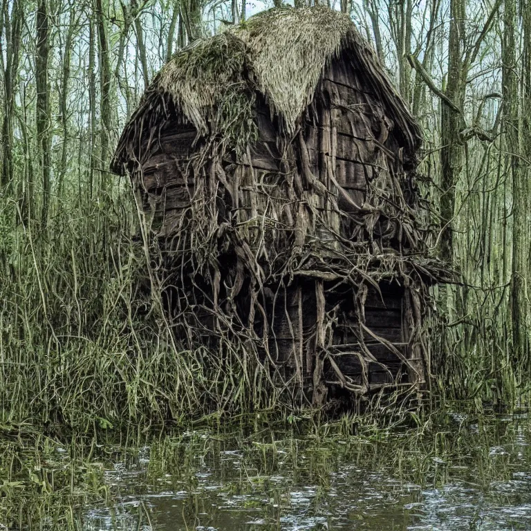 Image similar to a witches hut in a swamp