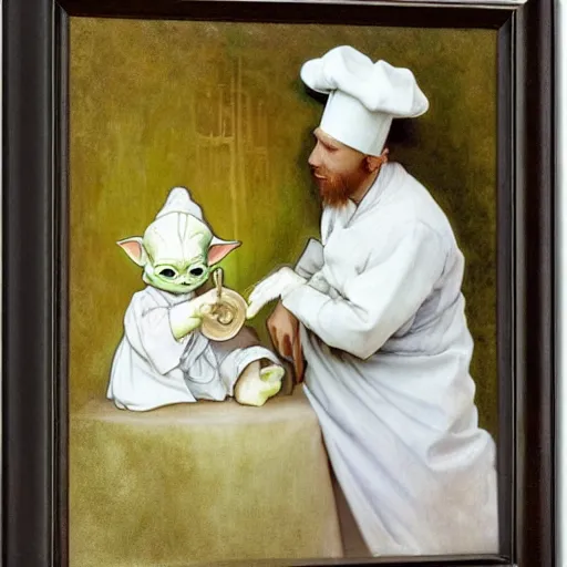 Image similar to baby yoda as a chef wearing a white apron and wearing a white chef's hat, by Jan van Eyck, by alphonse mucha