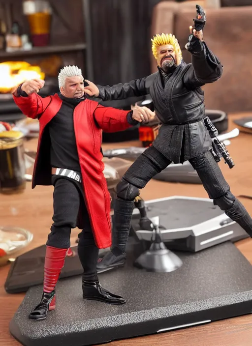 Image similar to star wars black series action figure of guy fieri fighting action figure of tony robbins, pristine toy, extremely detailed