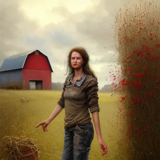 Image similar to full body portrait of a female farmer, untidy hair, highly detailed, dirty face, next to a red barn, digital painting, artstation, concept art, soft focus, depth of field, artgerm, tomasz alen kopera, peter mohrbacher, donato giancola, joseph christian leyendecker, wlop, boris vallejo