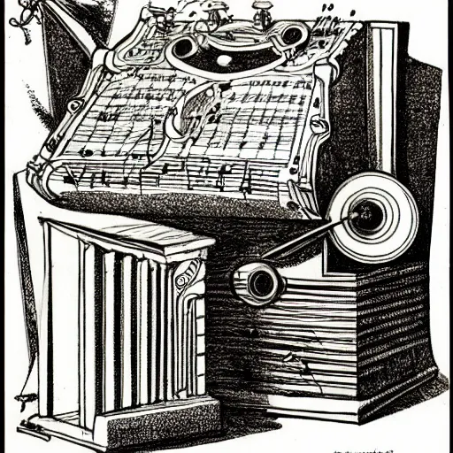 Prompt: music machine designed by di fate drawn by da vinci, detailed pen and ink illustration