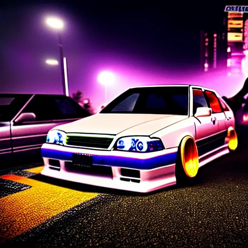 Image similar to a car JZX90 turbo drift at illegal car meet, Chiba prefecture, city midnight mist lights, cinematic color, photorealistic, highly detailed, work wheels, 200MM