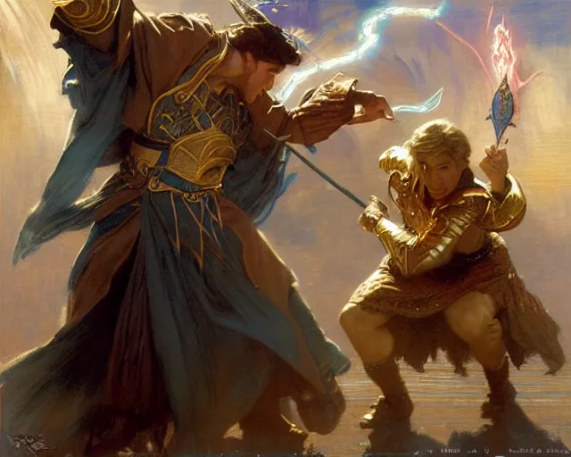 Prompt: attractive master wizard casting powerful spell in battle against another master wizard. highly detailed painting by gaston bussiere, craig mullins, j. c. leyendecker 8 k