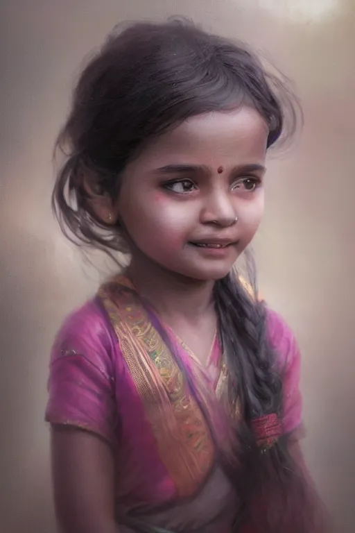 Image similar to hindu little girl, joyful, close - up portrait, intricate, elegant, volumetric lighting, scenery, digital painting, highly detailed, artstation, sharp focus, illustration, concept art, ruan jia, steve mccurry