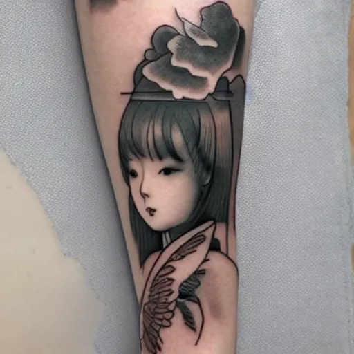 Image similar to beautiful thin wan korean angelic goddess in the style of fernand khnopff and hayao miyazaki, tattoo on arm, detailed beautiful tattoo