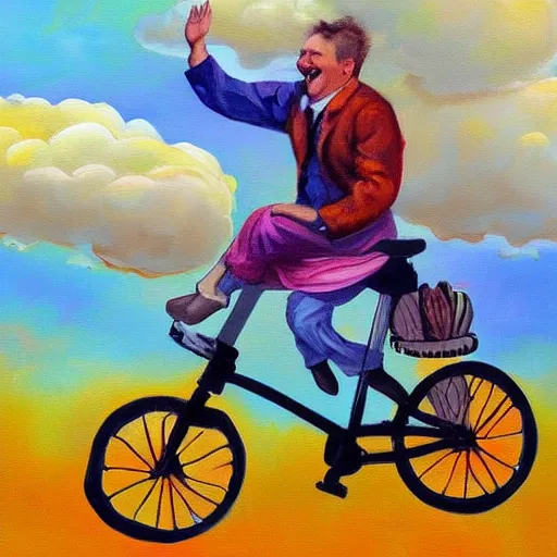 Prompt: A whimsical painting of a happy man flying in the sky on his bicycle in the clouds, action shot, subject is smiling, expressive oil painting, digital art