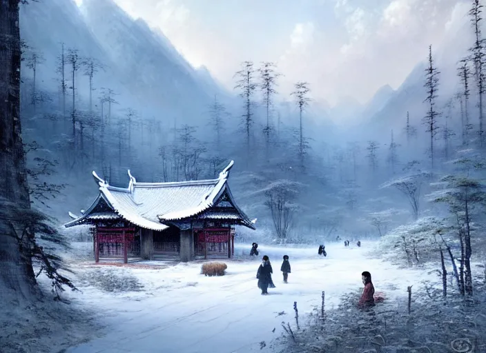 Image similar to beautiful chinese forest and a alaskan tundra snow covered landscape, with a quant village peaceful painted by greg rutkowski, makati shinkai, james gurney, wlop