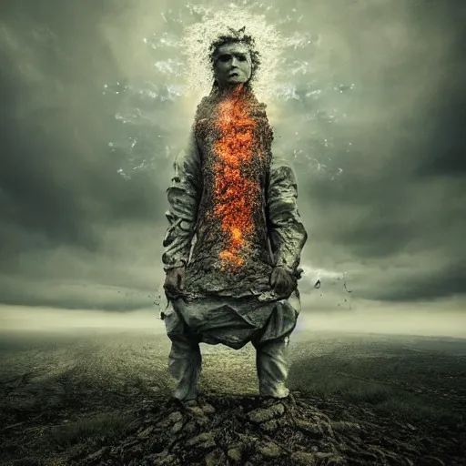 Image similar to Editorial Masterpiece extremely realistic Legendary elemental High Orders Nephilim Virtues figure infused with coalesced crystalline fire by Erik Johansson, perfect light