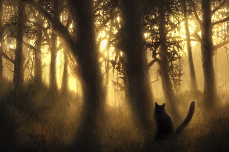 Prompt: a forest with a cat, trending on artstation, by wayne mcloughlin, backlighting