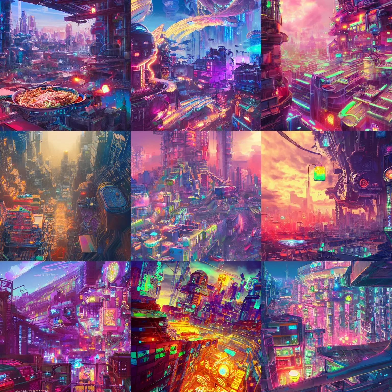 Prompt: gigantic instant noodles upon cybernetic city, sky on magic colorful neon fire, hyper detailed, hight detailed, ultra realistic, steampunk, artstation, cgsociety, 8 k